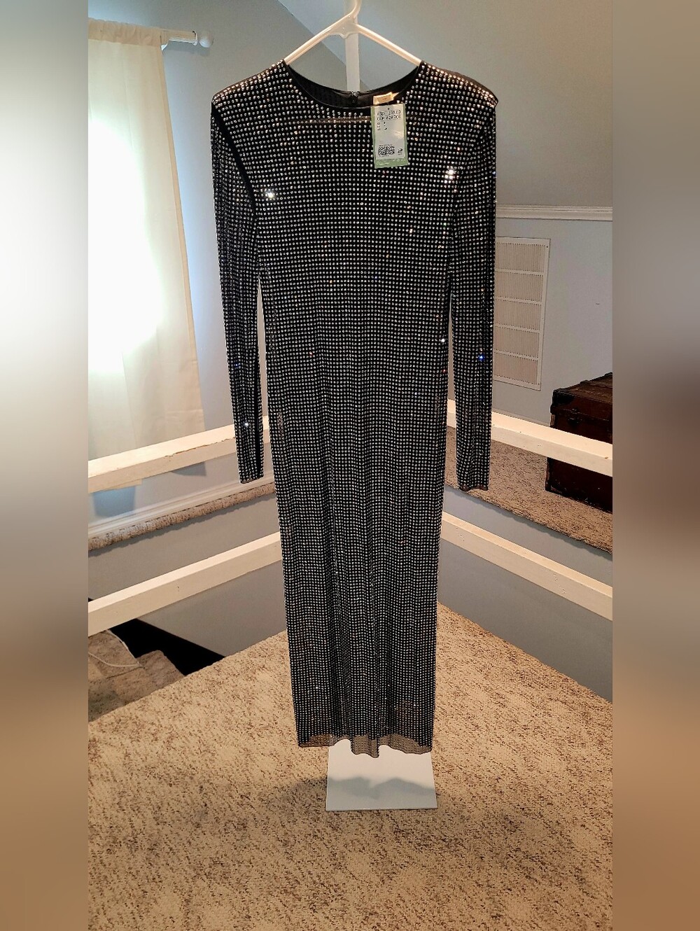 H&M Black Long Sleeve Rhinestone-Embellished Maxi Dress